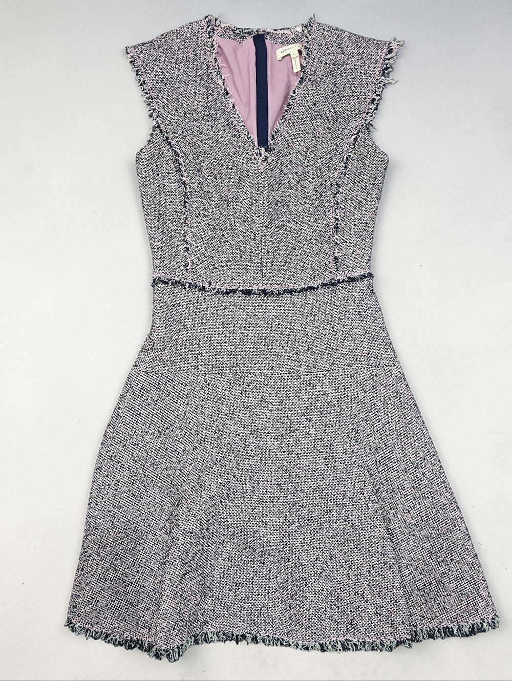 Rebecca Taylor Pink And Navy Tweed Stretch Fit And Flare Fringe Dress Size 2